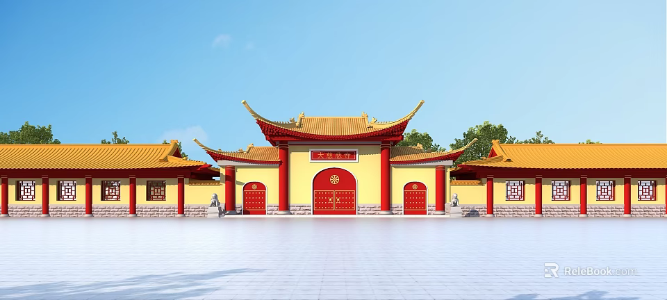 Traditional Ancient Chinese Architecture With Yellow Roof Red Doors And Ornate Eaves Under Blue Sky 3d model 