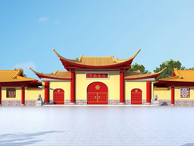Traditional Ancient Chinese Architecture With Yellow Roof Red Doors And Ornate Eaves Under Blue Sky 3d model