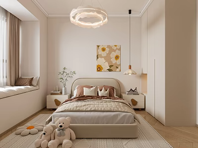 Light Cream Upholstered Children Bed For Warm Cozy Modern Stylish Kids Bedroom Interior Design 3d model