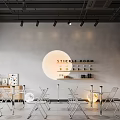 Modern Café Interior With Gray Walls Black Ceiling Metal Tables Bar Counter And Circular Decor