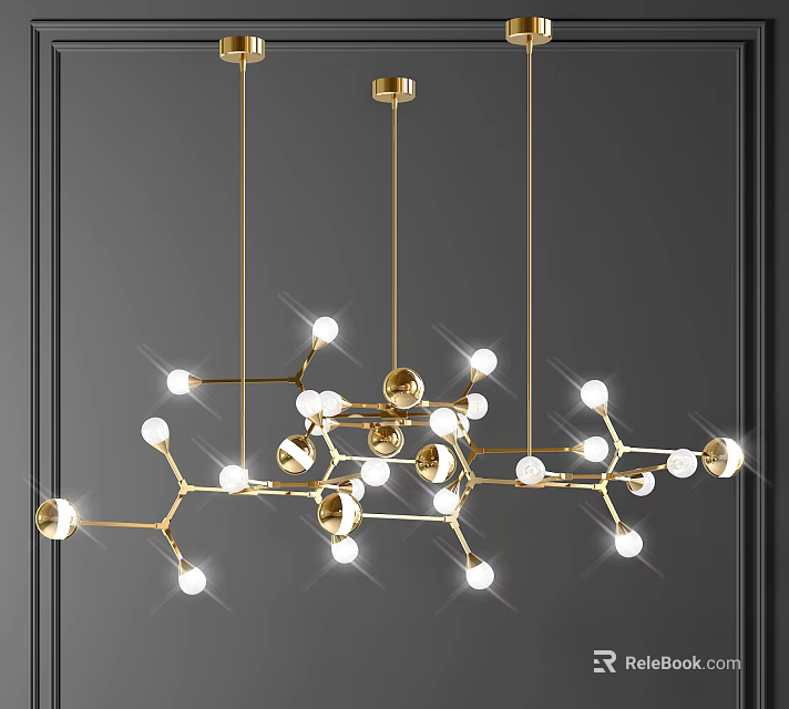 Modern Golden Chandelier with Spherical Bulbs and Branch Design Hanging in Interior 3d model 