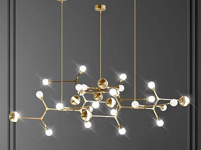 Modern Golden Chandelier with Spherical Bulbs and Branch Design Hanging in Interior 3d model
