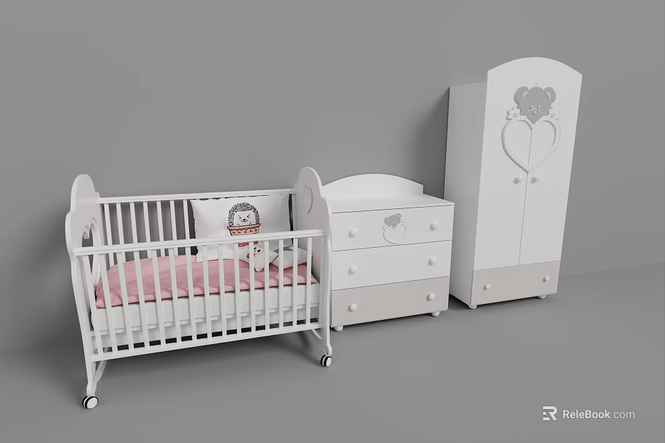 White Baby Crib With Pink Mattress And Heart Design Drawer Chest Wardrobe 3d model 
