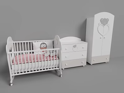 White Baby Crib With Pink Mattress And Heart Design Drawer Chest Wardrobe 3d model