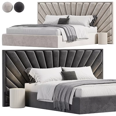 Stylish Double Bed With Dark Gray Velvet Headboard Geometric Pattern And White Pillows 3d model