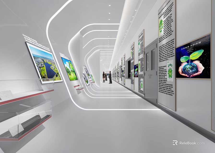 Modern White Office Corridor Interior With Display Panels Green Plants And Ambient Lighting 3d model 