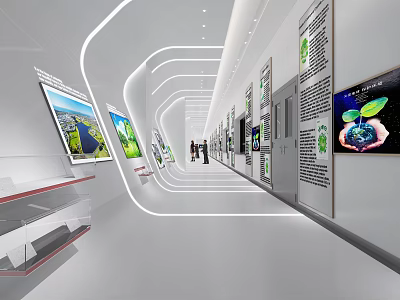 Modern White Office Corridor Interior With Display Panels Green Plants And Ambient Lighting 3d model
