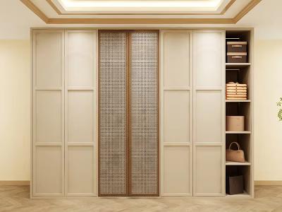 Modern Beige Wardrobe With Lattice Sliding Doors And Built In Storage Shelves 3d model