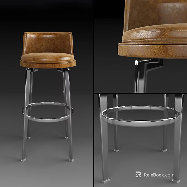 Modern Leather Bar Stool With High Back And Chrome Metal Frame Design 3d model 