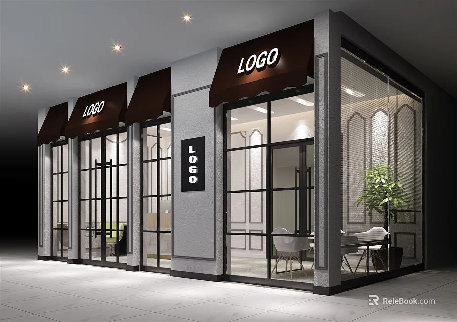 Modern Shopping Mall Store Featuring Glass Windows LOGO Awnings Indoor Tables and Chairs with Plant 3d model 