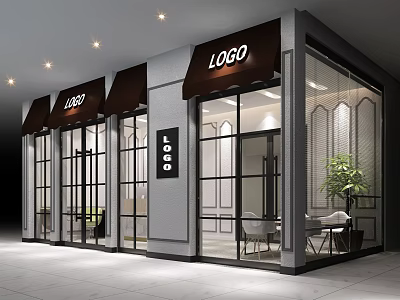 Modern Shopping Mall Store Featuring Glass Windows LOGO Awnings Indoor Tables and Chairs with Plant 3d model