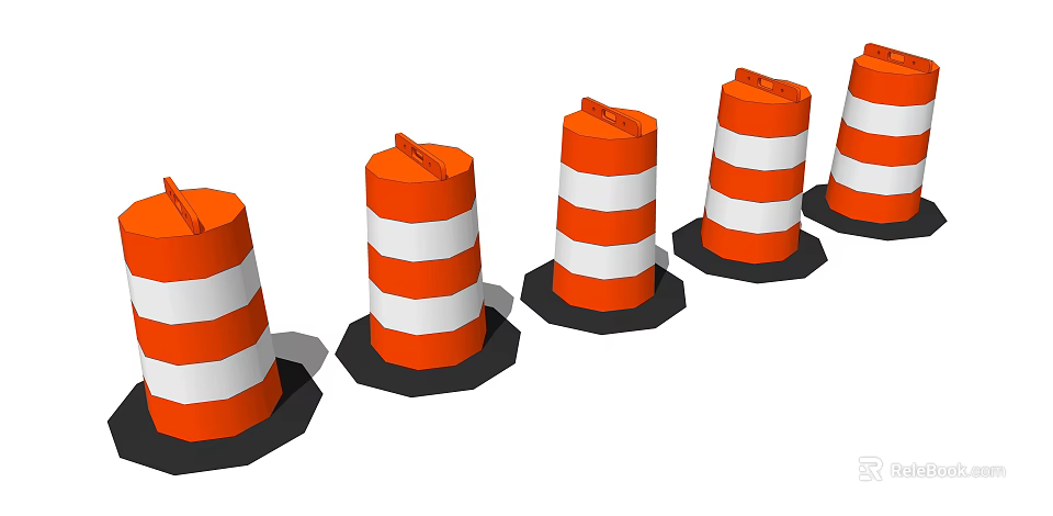 Orange And White Striped Traffic Cones With Black Bases Arranged In A Row 3d model 