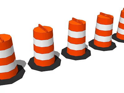 Orange And White Striped Traffic Cones With Black Bases Arranged In A Row 3d model