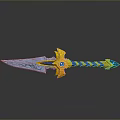 3D Rendered Fantasy Sword With Intricate Blade Blue Yellow Striped Hilt And Ornate Guard