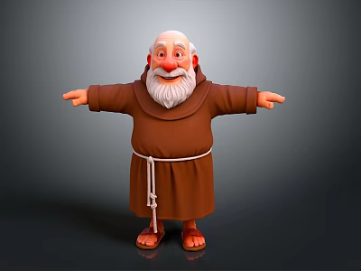 Cartoon Elderly Man in Brown Robe With White Beard Arms Outstretched Against Dark Background 3d model