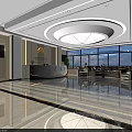 Modern Lobby Interior With Marble Floor Reception Desk Green Plants Blue Seats And Ceiling Design