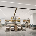 Modern Cafeteria Interior With Dining Tables Chairs And Food Counters