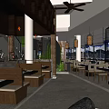 Modern Restaurant Interior With Booth Seating Wooden Tables Pendant Lights Ceiling Fan And Large Windows