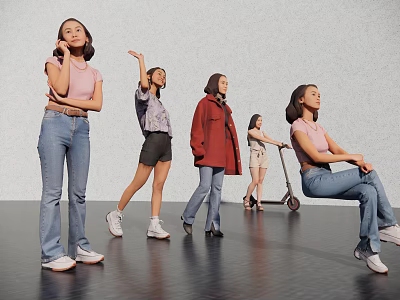 Women in Different Poses Standing Stretching and Sitting in Modern Studio Room 3d model