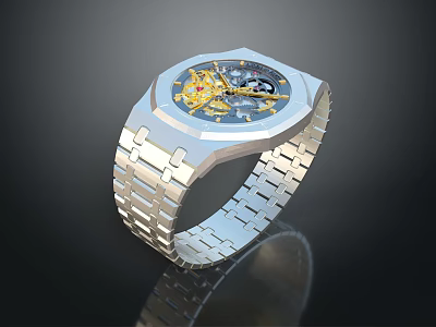 Luxury Silver Wristwatch With Golden Mechanical Movement And Stainless Steel Band 3d model