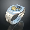 Luxury Silver Wristwatch With Golden Mechanical Movement And Stainless Steel Band