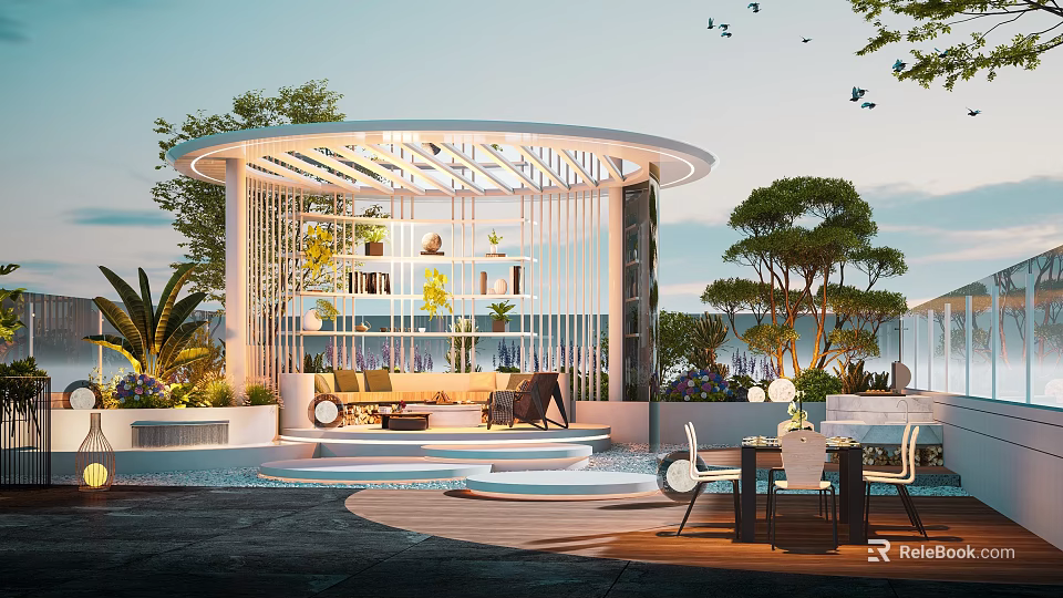 Modern Home Balcony With Circular Lattice Roof Sofa Plants And Outdoor Dining Set 3d model 