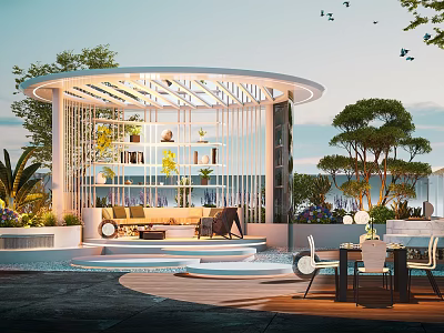 Modern Home Balcony With Circular Lattice Roof Sofa Plants And Outdoor Dining Set 3d model
