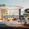 Modern Home Balcony With Circular Lattice Roof Sofa Plants And Outdoor Dining Set