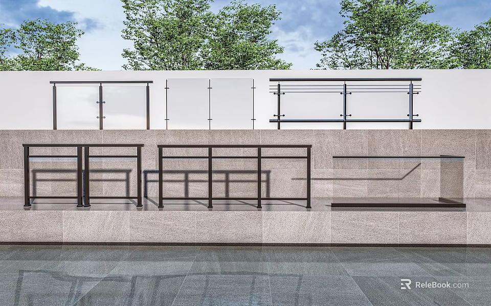 Modern Outdoor Railing Design Featuring Glass Panels And Metal Frames By Trees 3d model