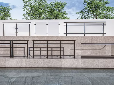Modern Outdoor Railing Design Featuring Glass Panels And Metal Frames By Trees 3d model