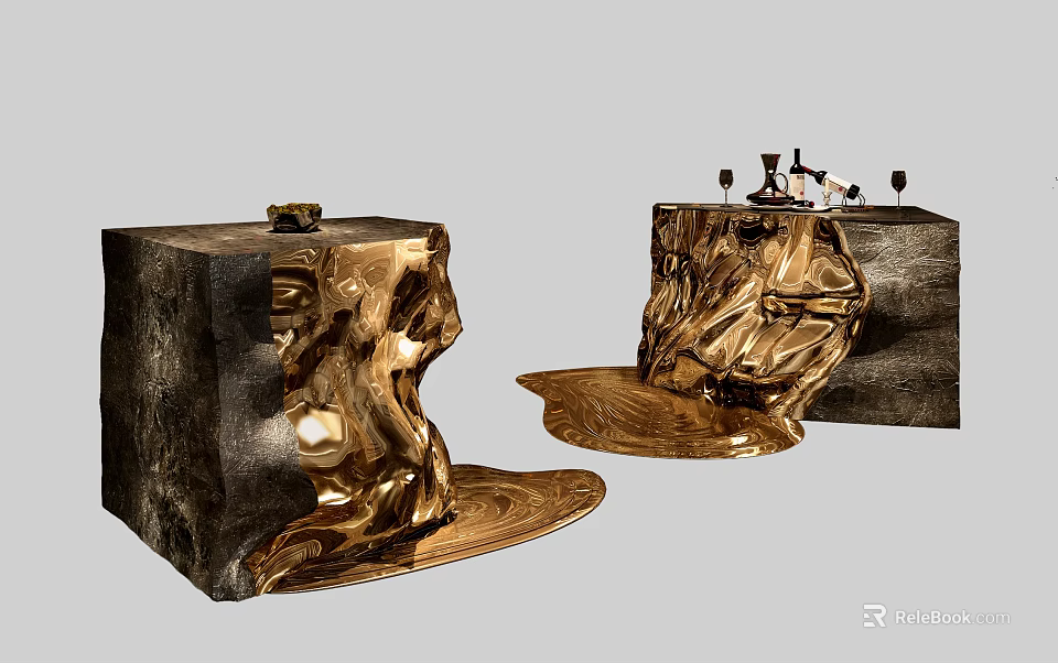 Modern Reception Desk With Gold Flowing Texture And Glossy Metal Design 3d model 