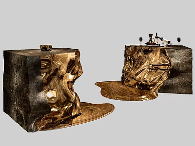 Modern Reception Desk With Gold Flowing Texture And Glossy Metal Design 3d model