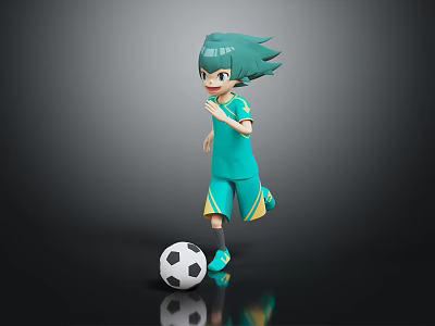 Green Haired Character In Teal Sports Outfit Kicking Black And White Soccer Ball 3d model