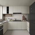 Modern Kitchen Interior With White Cabinets Black Refrigerator And Gas Stove Top