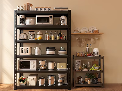 Organized Kitchen Appliances on Multi Tiered Shelving with Microwave Coffee Maker and Storage Jars 3d model