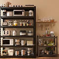 Organized Kitchen Appliances on Multi Tiered Shelving with Microwave Coffee Maker and Storage Jars