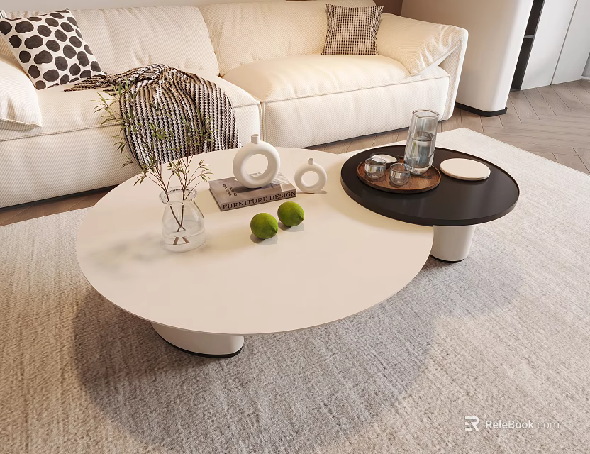 Modern Minimalist White Black Nesting Round Coffee Table with Vase Green Limes Tray and Glass 3d model 