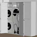 Open Gray Storage Cabinet With Washing Machine Dryer Vacuum And Louvered Doors