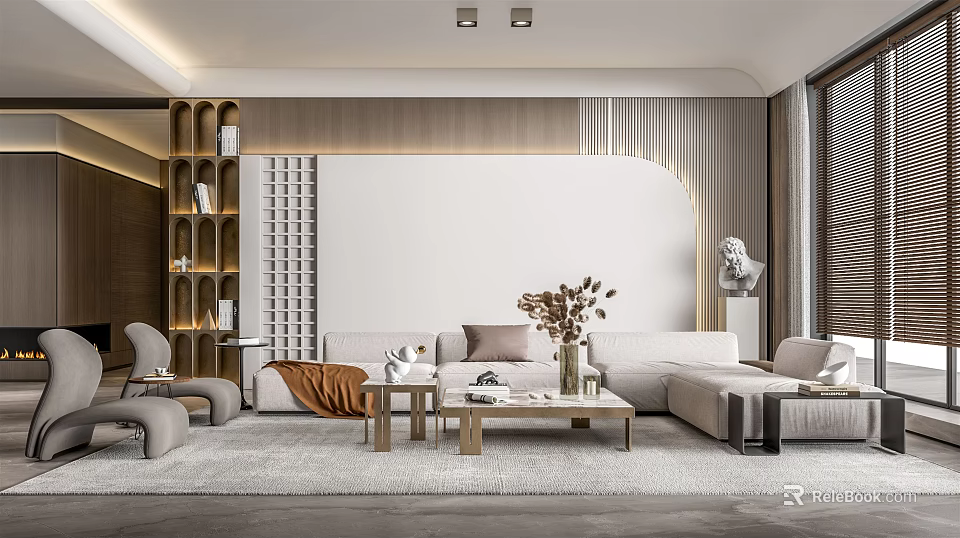 Minimalist Modern Living Room With Beige Sofa Wooden Coffee Table Decorative Vase And Floor Lamp 3d model 