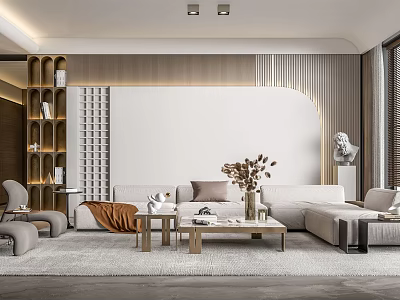 Minimalist Modern Living Room With Beige Sofa Wooden Coffee Table Decorative Vase And Floor Lamp 3d model