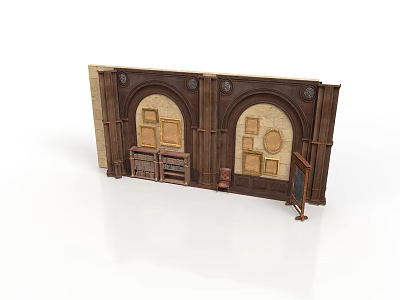 Vintage Wall Decorative Structure With Arch Design Wooden Frames And Storage Cabinets 3d model