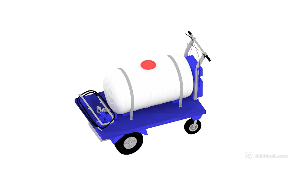 Industrial Equipment Hand Cart With White Storage Tank Blue Base Red Dot Wheels And Handle 3d model 