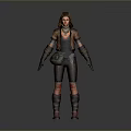 Woman In Gray Background Standing With Brown Hooded Coat Leather Arm Guards And Striped Pants
