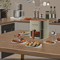 White Air Fryer On Kitchen Countertop With Various Healthy Foods And Snacks