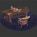 Wooden Writing Table With Intricate Details And Upholstered Armchair On Decorative Round Rug