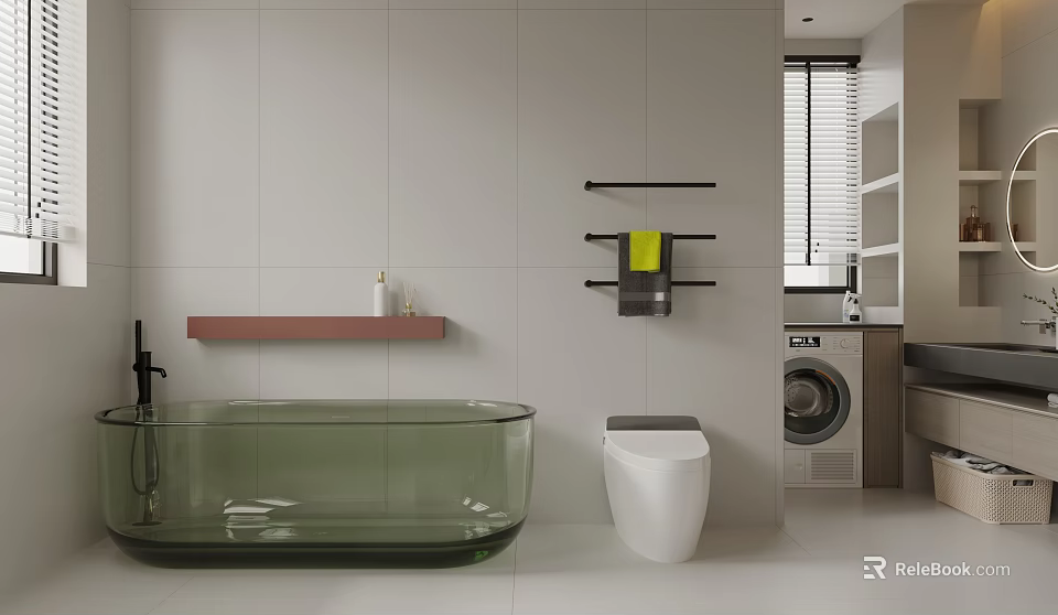 Modern Bathroom With Transparent Green Bathtub And Smart Toilet 3d model 