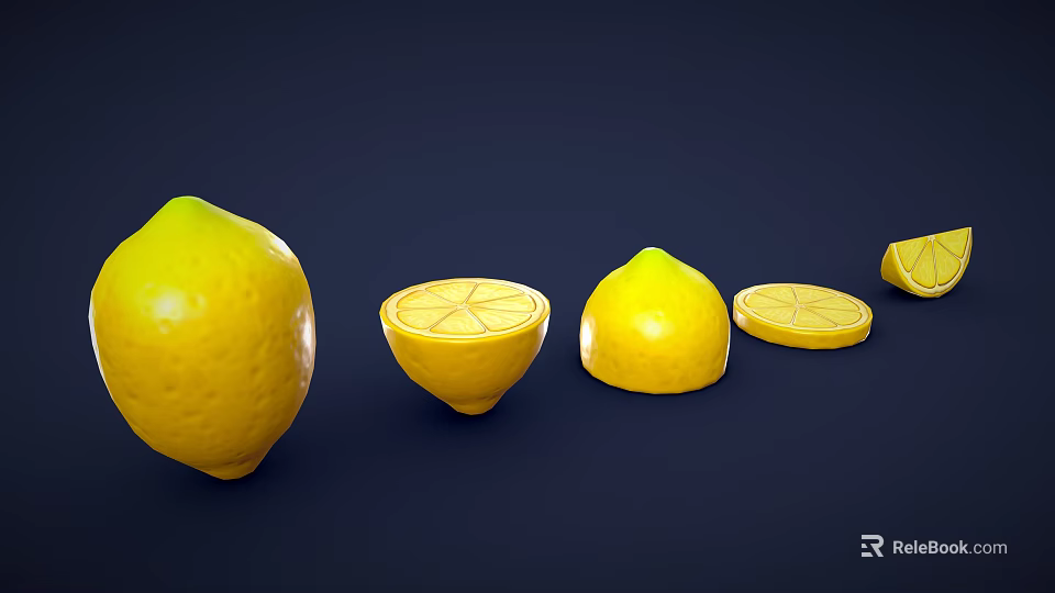 Fresh Whole Halved and Sliced Lemons Beautifully Arranged on Dark Background 3d model 