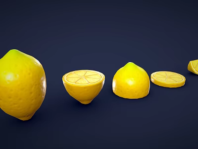 Fresh Whole Halved and Sliced Lemons Beautifully Arranged on Dark Background 3d model