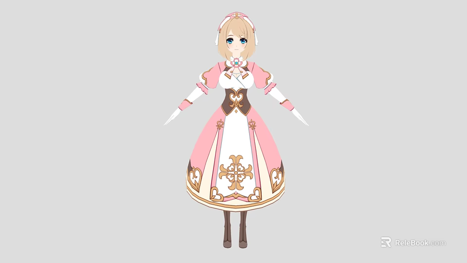 Anime Game Character With Blonde Hair Long Sleeves Pink White Dress And Golden Decorations 3d model 