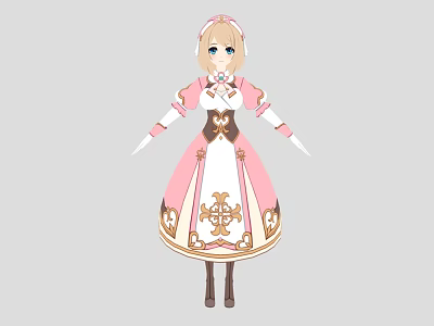 Anime Game Character With Blonde Hair Long Sleeves Pink White Dress And Golden Decorations 3d model